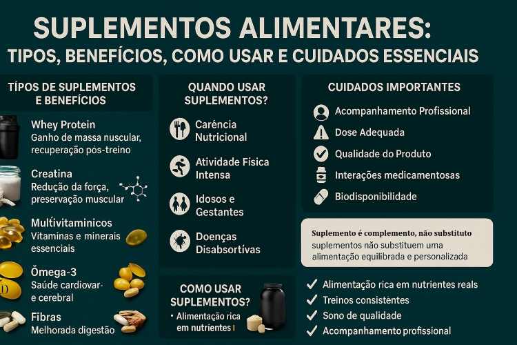 💪 Suplementos Alimentares: Tipos, Benefícios, Como Usar e Cuidados Essenciais. Suplementos são aliados poderosos no mundo fitness