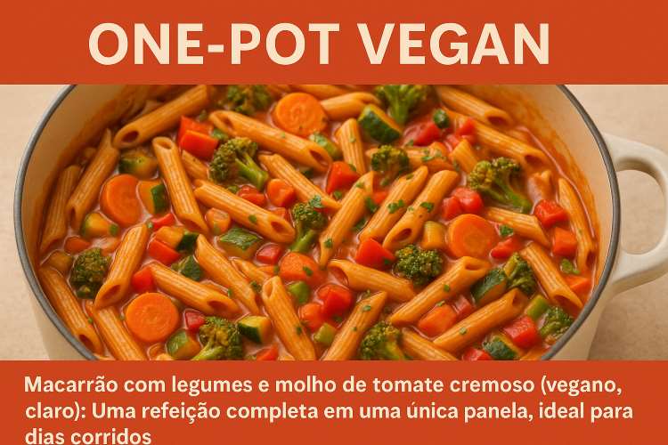 Macarrão com Legumes e Molho de Tomate Cremoso Vegano – Receita One-Pot Prática e Deliciosa. Veja mais receitas em nosso site