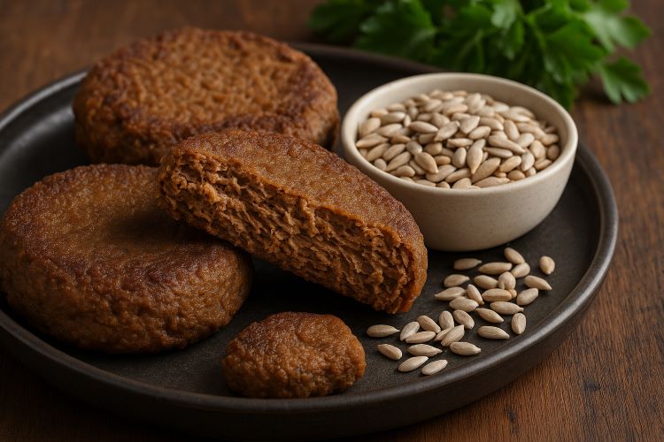 Carne Vegana à Base de Farinha de Girassol . Revolução Sustentável na Indústria Alimentícia. Veja mais em nosso site