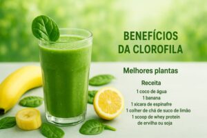 O shake de clorofila com whey vegano é uma bebida funcional que combina folhas verdes ricas em clorofila, frutas frescas e proteína vegetal