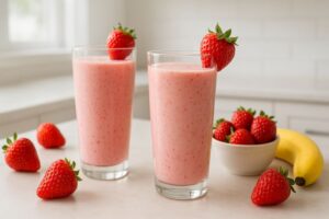 Smoothie Cremoso. Se você busca uma bebida rápida, nutritiva e deliciosa, o smoothie cremoso de banana, morango e iogurte