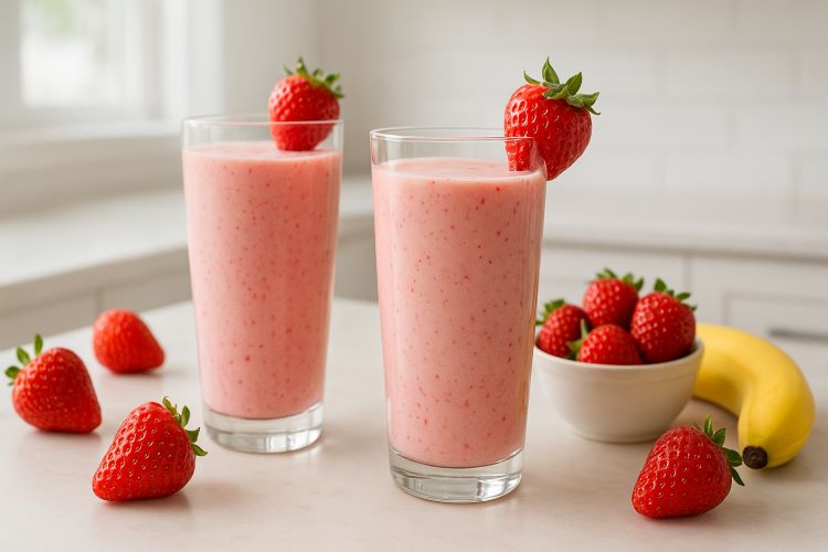 Smoothie Cremoso. Se você busca uma bebida rápida, nutritiva e deliciosa, o smoothie cremoso de banana, morango e iogurte