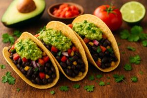 Tacos Veganos com Feijão Preto e Guacamole. Esses tacos veganos são perfeitos para um jantar leve, rápido e nutritivo,