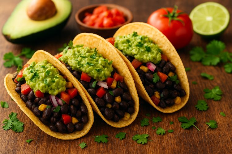 Tacos Veganos com Feijão Preto e Guacamole. Esses tacos veganos são perfeitos para um jantar leve, rápido e nutritivo,