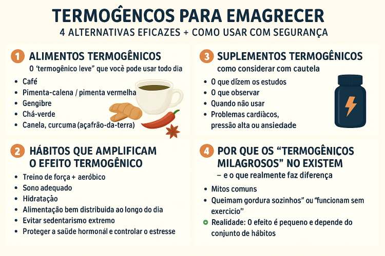 Descubra 4 alternativas eficazes de termogênicos para emagrecer — alimentos + hábitos + suplementos com segurança