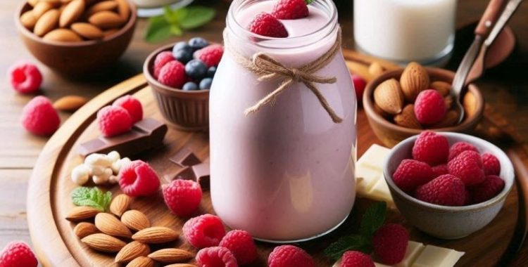Delicioso Smoothie com pasta de castanha de caju com chocolate branco e framboesas