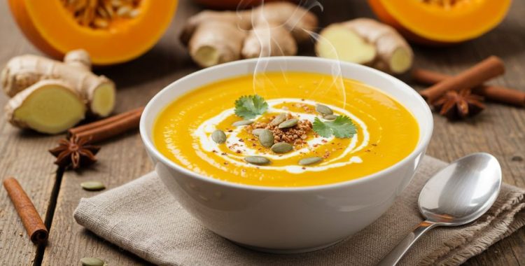 Esta Sopa de Abóbora com Gengibre é a refeição perfeita para um dia frio. É cremosa, saborosa e um pouco apimentada,