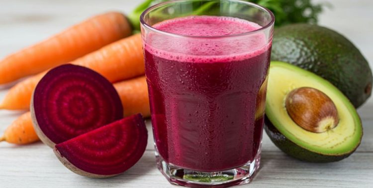 Suco Energético de Beterraba, Abacate e Cenoura com Xarope de Bordo. Aproveite este suco delicioso e nutritivo para um impulso de energia!