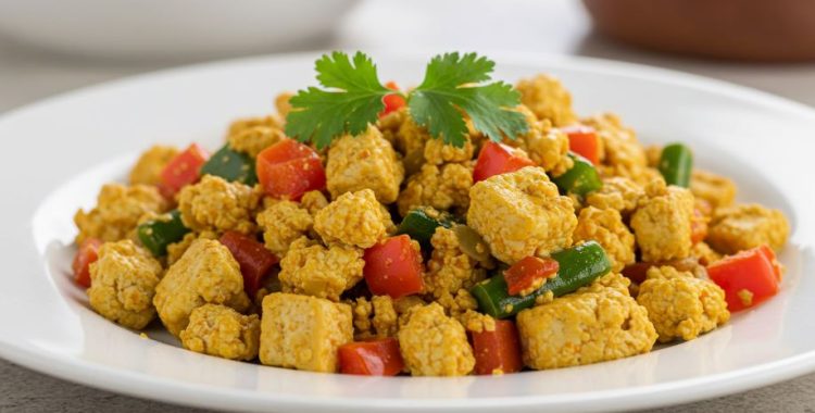 Tofu mexido com especiarias e vegetais. É uma maneira deliciosa e fácil de adicionar mais proteínas vegetais à sua dieta.