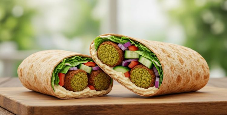 Procurando uma opção de almoço leve, nutritiva e super prática? Experimente este wrap de homus falafel e salada! É uma opção perfeita